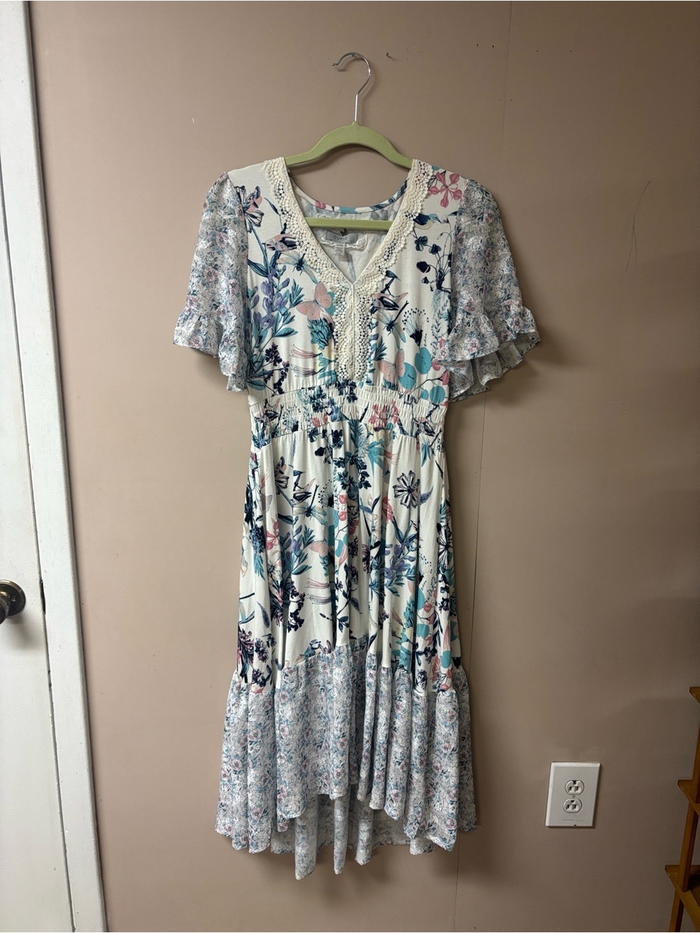 Cupid Shabby Chic Boho Floral V-Neck Midi Dress Cream S